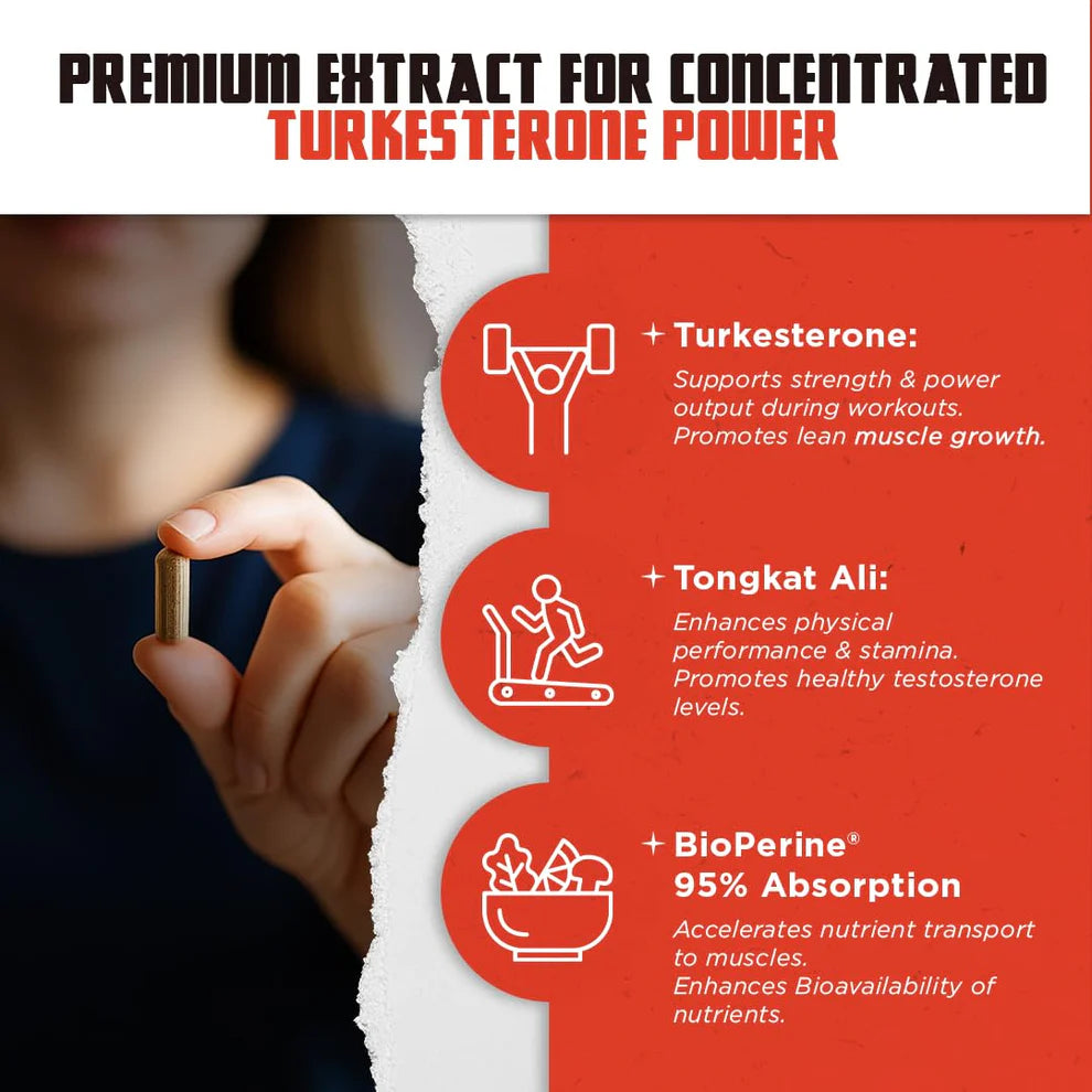 Suplemento de testosterona para hombres – Turkesterona 1500 mg de potencia máxima con Tongkat Ali y BioPerine® + Músculo, recuperación y resistencia 🍆 – 120 cápsulas